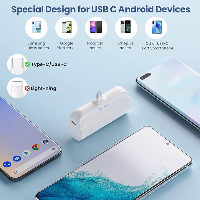 Mini Portable Charger 3300mAh,Ultra-Compact type C Power Bank Portable Phone Charger, PD Fast Charging Cell Phone Battery Pack Compatible with Samsung Galaxy S22,Moto,LG,Google Pixel Android-White