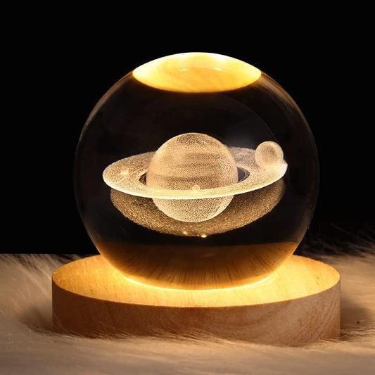 3D Saturn, Nebula and Solar System Crystal Ball available, Glass Ball Night Lamp with Wood Base, Solar System Decor.