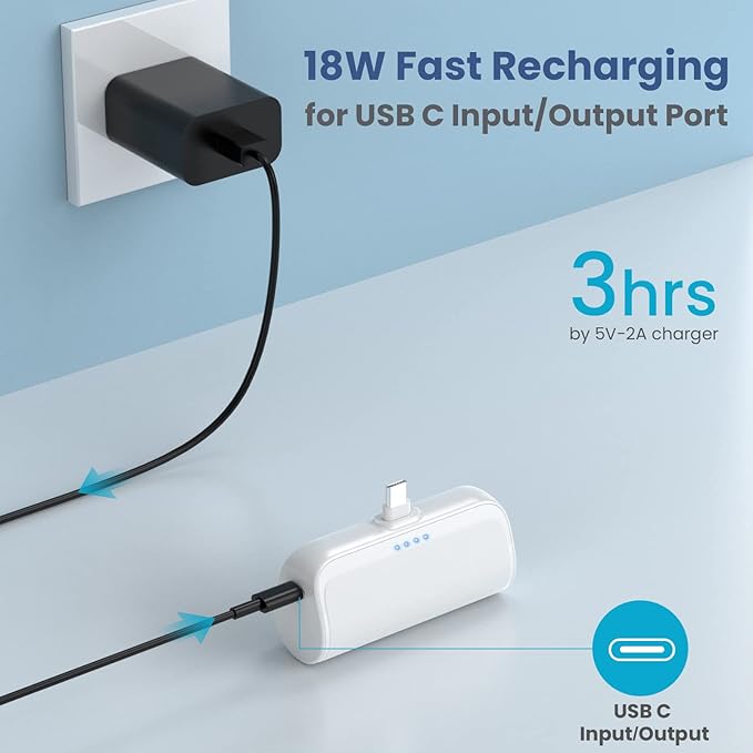 Mini Portable Charger 3300mAh,Ultra-Compact type  C Power Bank Portable Phone Charger, PD Fast Charging Cell Phone Battery Pack Compatible with Samsung Galaxy S22,Moto,LG,Google Pixel Android-White